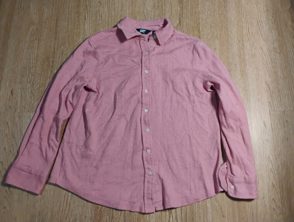 Land's End Women's Size SP Cotton Solid Pink Long Sleeve Button Front Blouse